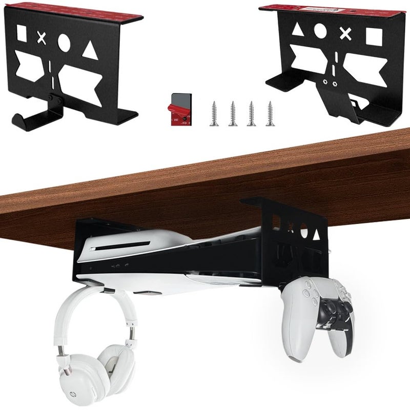 Chanvoo Aluminum Under Desk Mount for PS5/PS5 Slim/ PS5 Pro Digital & Disc, Securing Under Desk Bracket with Detachable Controller & Headphone Holder Kit No Drill (Black) - Image 1