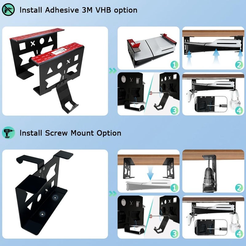 Chanvoo Aluminum Under Desk Mount for PS5/PS5 Slim/ PS5 Pro Digital & Disc, Securing Under Desk Bracket with Detachable Controller & Headphone Holder Kit No Drill (Black) - Image 3