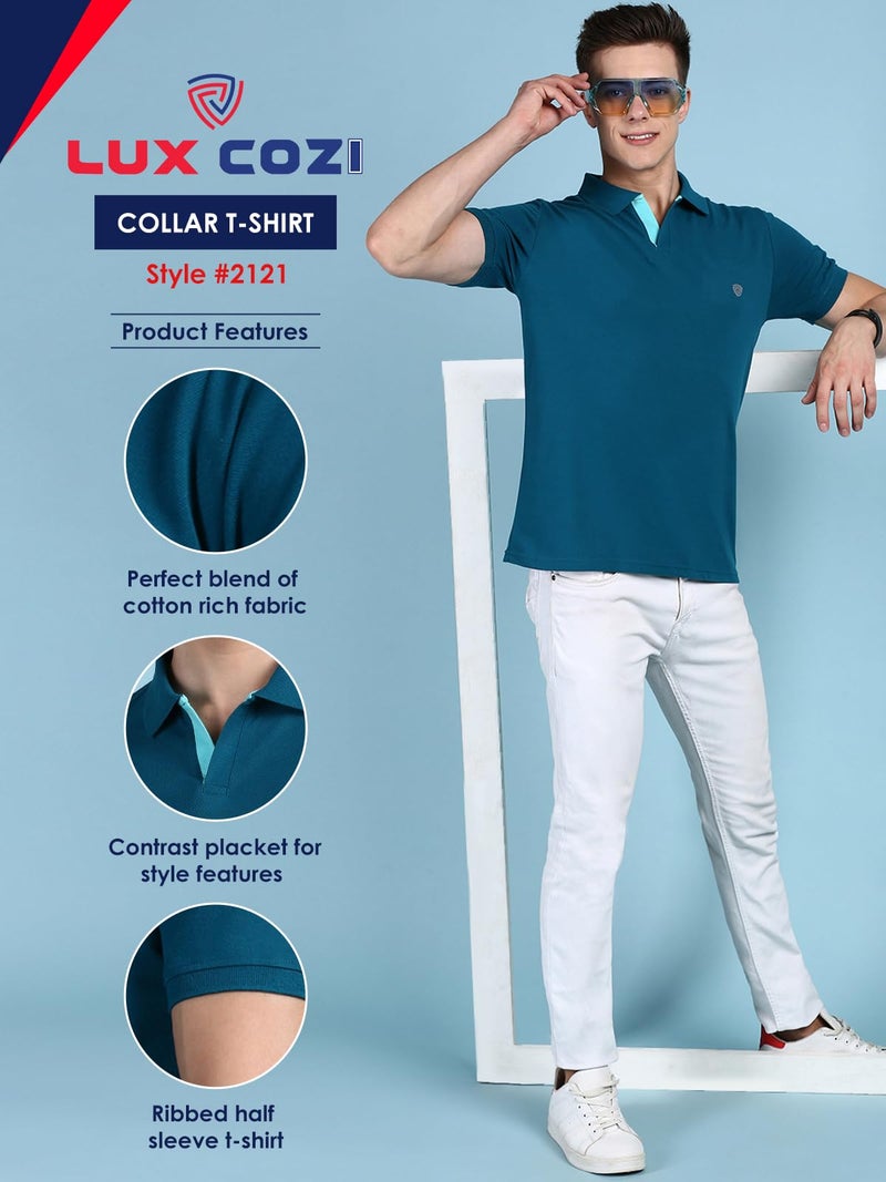 Lux Cozi Men's Pack of 1 Emerald Regular Fit Polo Neck Half Sleeve Solid Casual T-Shirt (Size : X-Large)_COZI_2121_EMRAD_XL_1PC - Image 2
