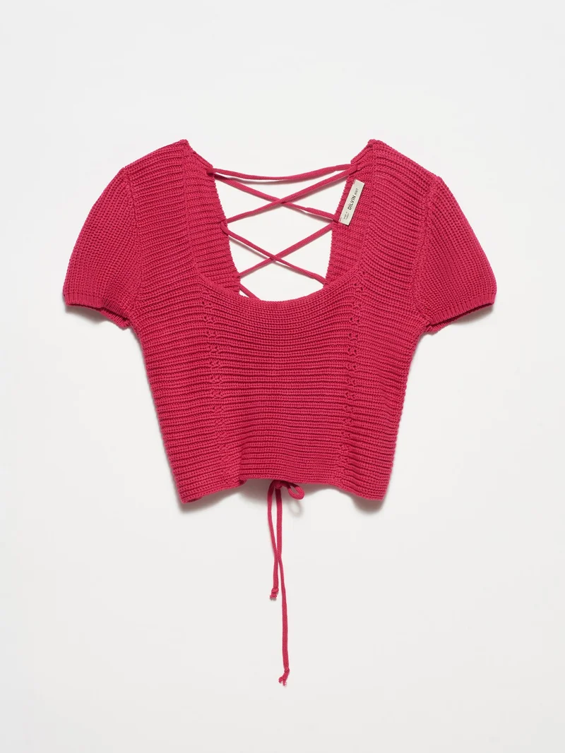 ديلفين 10164 Square Collar Lace-Up Short Sleeve Sweater-Fuchsia