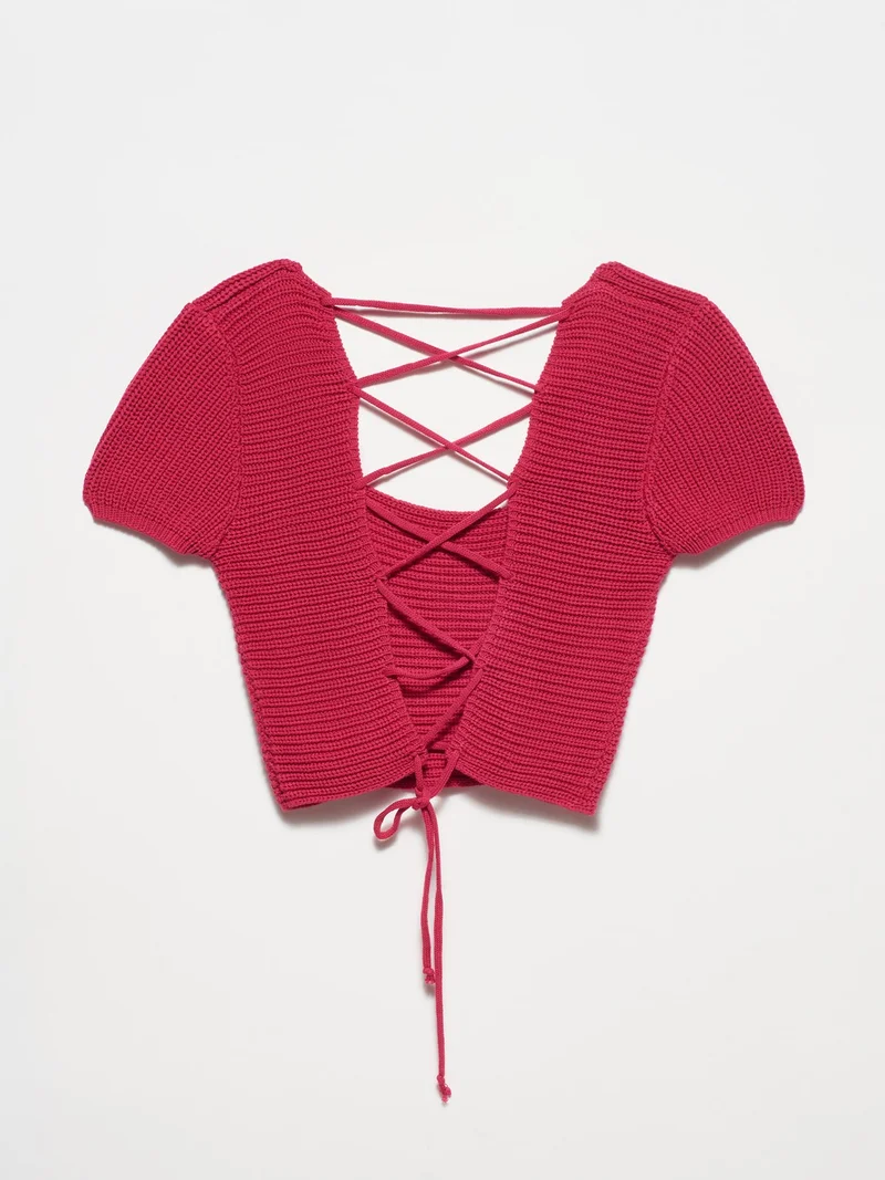 ديلفين 10164 Square Collar Lace-Up Short Sleeve Sweater-Fuchsia
