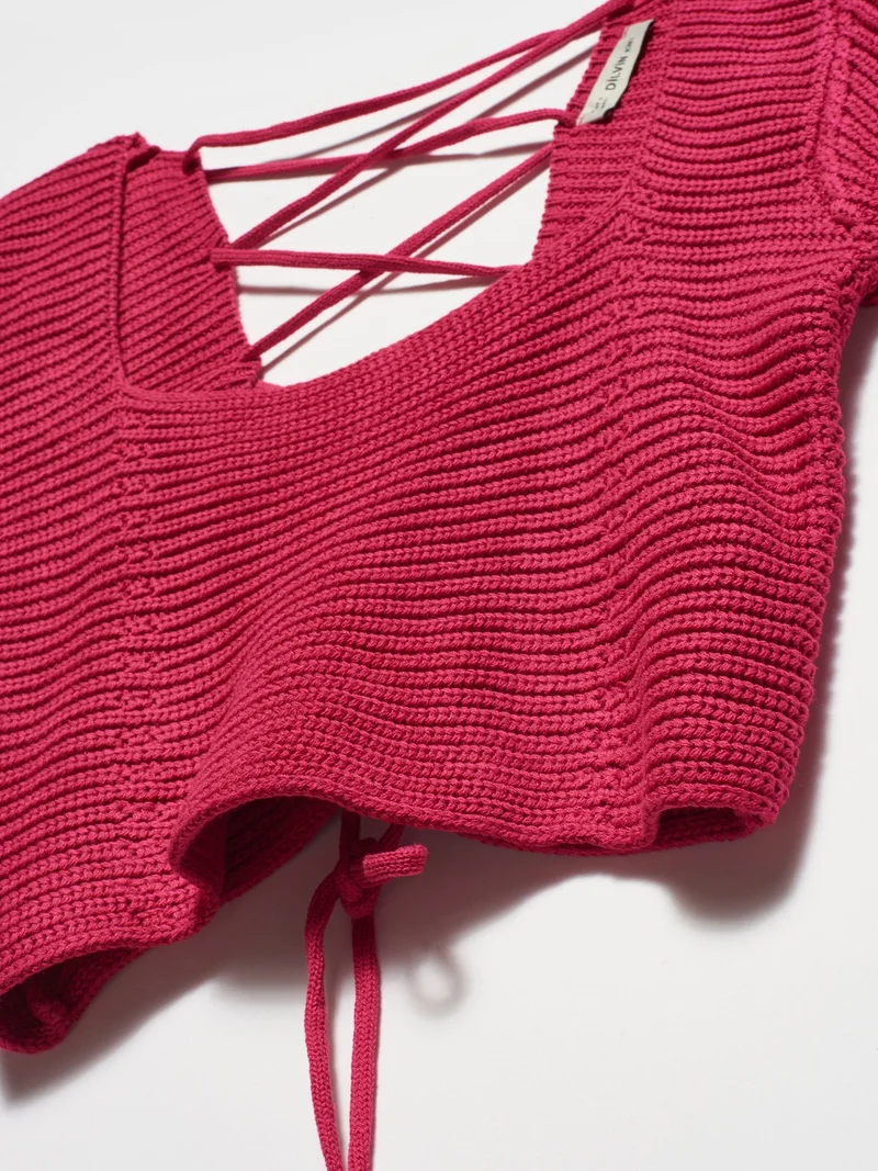 ديلفين 10164 Square Collar Lace-Up Short Sleeve Sweater-Fuchsia
