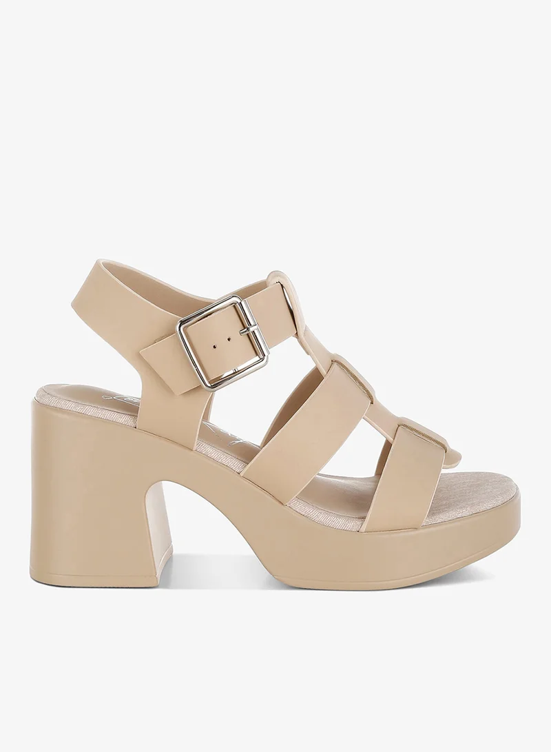 Chunky Pin Buckle Platform Heels in Beige