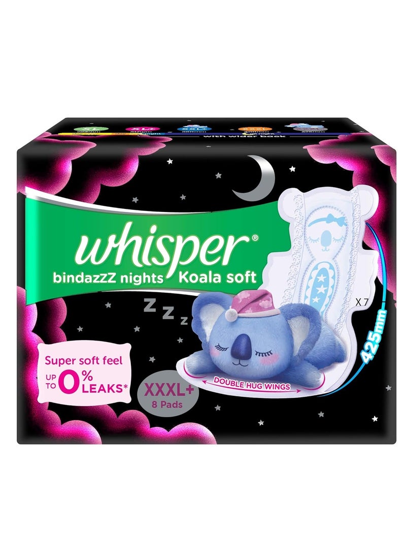 Whisper WHISPER BINDAZZZ NIGHTS KOALA SOFT SANITARY PADS, 8 XXXL+ PADS, UPTO 0% LEAKS, 85% LONGER & WIDER BACK, SUPER SOFT TOPSHEET, DOUBLE HUG WINGS, DISPOSABLE WRAPPER, for women  - Image 1