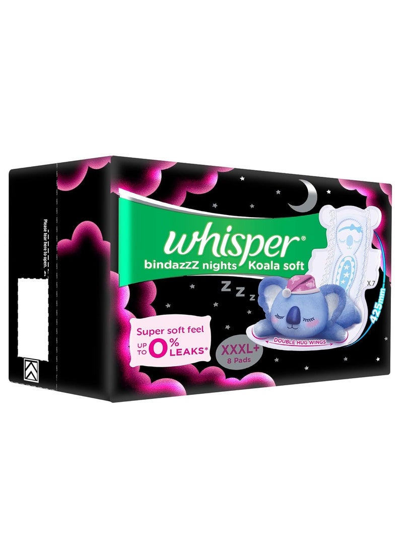 Whisper WHISPER BINDAZZZ NIGHTS KOALA SOFT SANITARY PADS, 8 XXXL+ PADS, UPTO 0% LEAKS, 85% LONGER & WIDER BACK, SUPER SOFT TOPSHEET, DOUBLE HUG WINGS, DISPOSABLE WRAPPER, for women  - Image 2