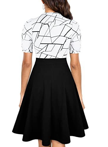 Mokayee Vestidos Elegantes de Mujer para Fiesta Business Casual Dress for Womens Black and White Summer Puff Sleeve Semi-Formal Fit and Flare Wear to Work Office Wedding Guest Dresses with Pockets M - Image 2