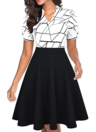 Mokayee Vestidos Elegantes de Mujer para Fiesta Business Casual Dress for Womens Black and White Summer Puff Sleeve Semi-Formal Fit and Flare Wear to Work Office Wedding Guest Dresses with Pockets M - Image 4
