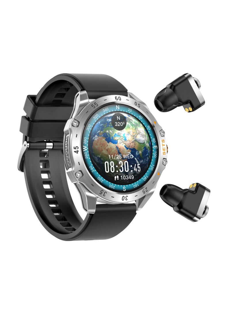 porodo - Hype Smart Watch Silver dial with Earbuds and Brown Leather Band - Image 1