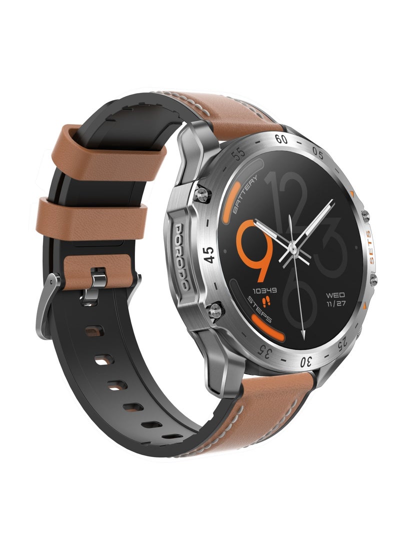 porodo - Hype Smart Watch Silver dial with Earbuds and Brown Leather Band - Image 1