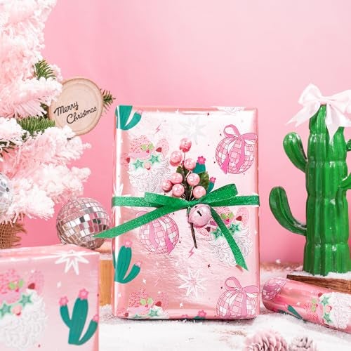 LeZakaa Pink Christmas Wrapping Paper Roll for Girls Women Santa Disco Ball Cactus Design Rose Gold Foil Western CowGirls Holiday Gift Wrap Mini Roll 17 in x 164 Ft - Image 3