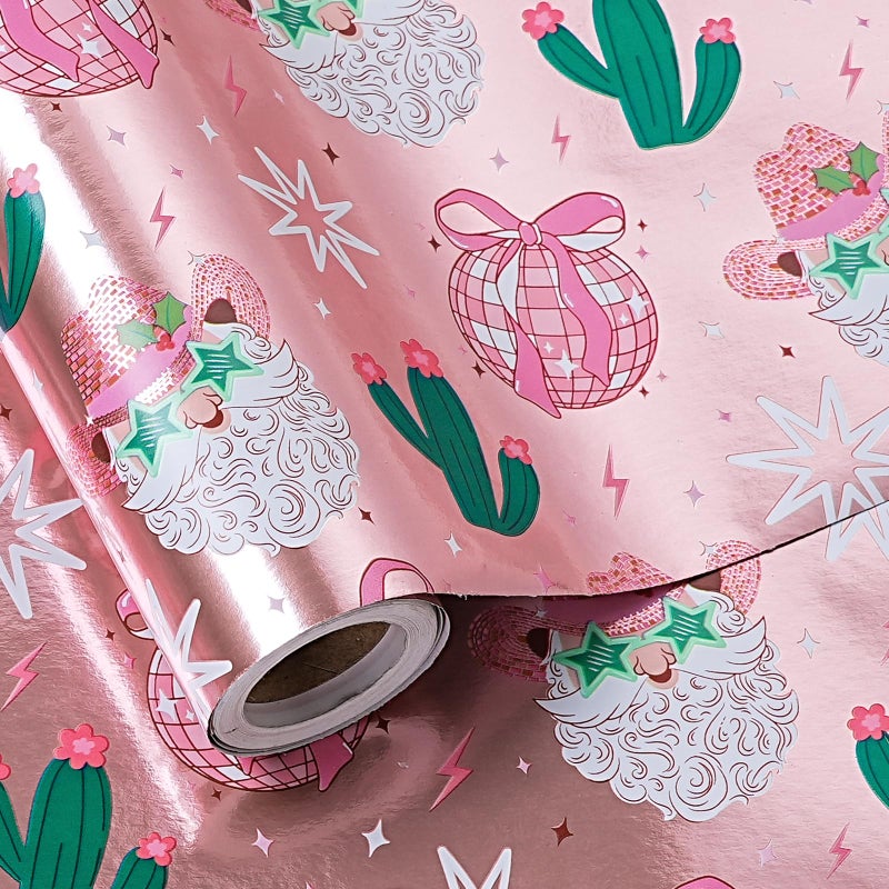 LeZakaa Pink Christmas Wrapping Paper Roll for Girls Women Santa Disco Ball Cactus Design Rose Gold Foil Western CowGirls Holiday Gift Wrap Mini Roll 17 in x 164 Ft - Image 2