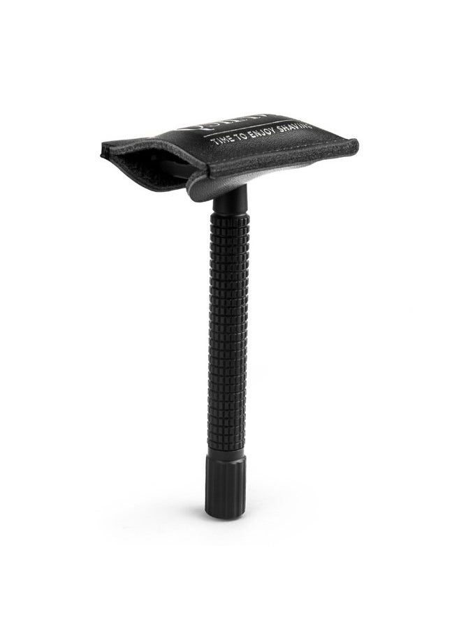 QSHAVE - Double Edge 4 inch Long Handle Safety Razor for Men or Women Twist Butterfly Open Matte Black Steel Coating (1 Razor + 5 pcs Titanium Coated Blades + Leather Travel Case) - Image 1