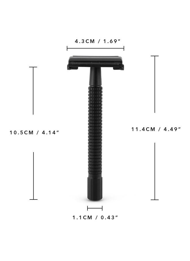 QSHAVE - Double Edge 4 inch Long Handle Safety Razor for Men or Women Twist Butterfly Open Matte Black Steel Coating (1 Razor + 5 pcs Titanium Coated Blades + Leather Travel Case) - Image 1