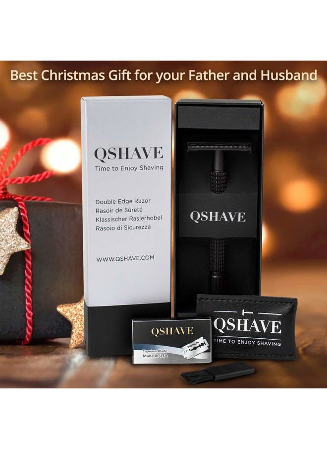 QSHAVE - Double Edge 4 inch Long Handle Safety Razor for Men or Women Twist Butterfly Open Matte Black Steel Coating (1 Razor + 5 pcs Titanium Coated Blades + Leather Travel Case) - Image 1
