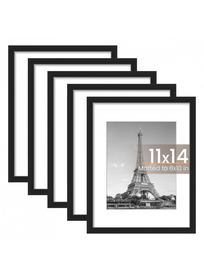 upsimples 11x14 Picture Frame Set of 5, Display Pictures 8x10 with Mat or 11x14 Without Mat, Wall Gallery Photo Frames, Black - Image 1