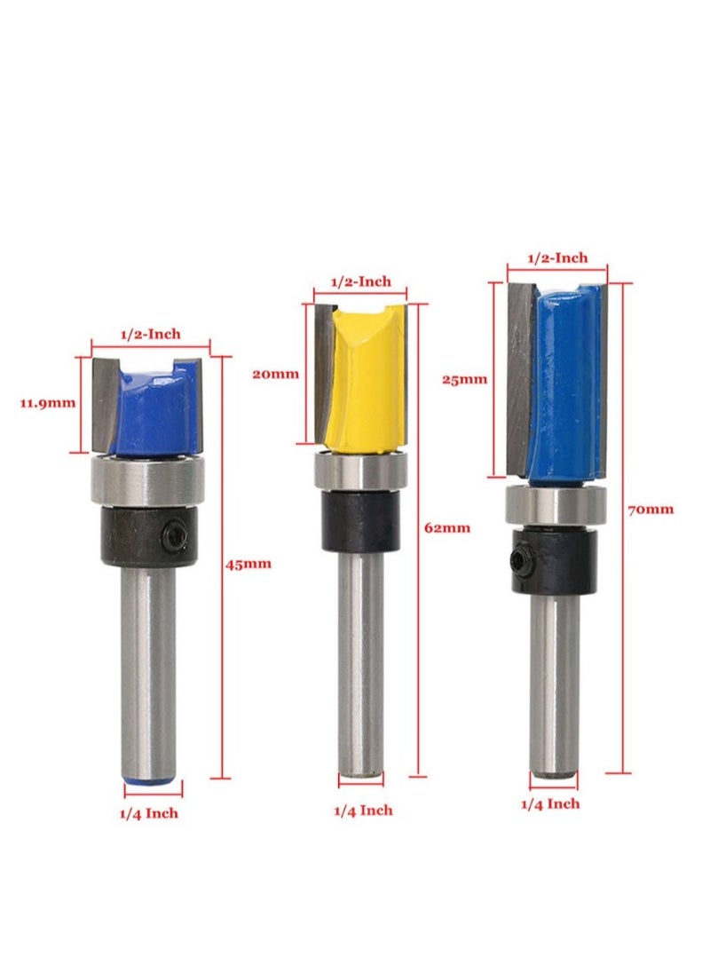 Set of 3 Pieces 1/4 Inch Shank Flush Trim Pattern Template Router Bit Set, Yakumuz Wood Top Bearing Milling Cutter Tool