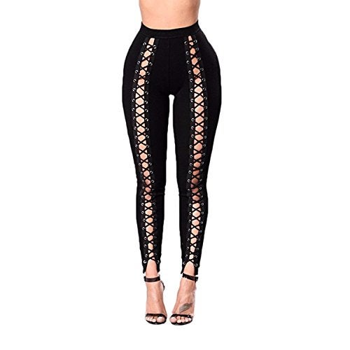 JingyangO Women's Sexy Casual High Waist Underwear Pants Lace Up Cross Elastic Leggings,Black,Small - Image 3