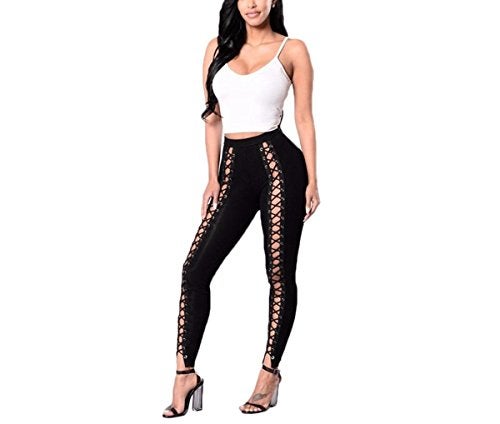 JingyangO Women's Sexy Casual High Waist Underwear Pants Lace Up Cross Elastic Leggings,Black,Small - Image 1