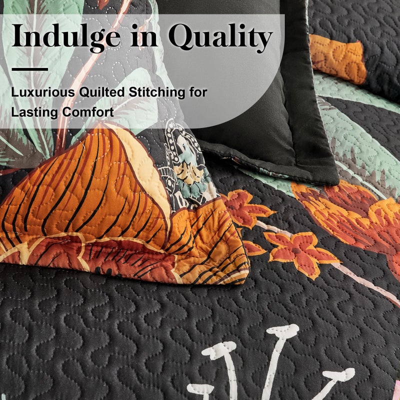 Tyrot 3 Piece Black Boho Floral King Size Quilt Sets Reversible Farmhouse Botanical Lightweight Bedspread Coverlet with 2 Shams Butterfly Microfiber Bedding Quilts Set for All Season, 106''x96'' - Image 4