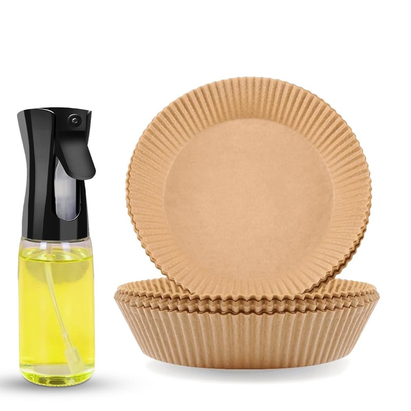 Air Fryer Liners 100PCS with 220ml Oil Spray Bottle - Non-Stick, Disposable, Oil-Proof, Water-Proof Paper for Air Fryer, Baking, Roasting, Microwave, Steamer, Frying Pan - Easy Cleanup (Round) - Image 1