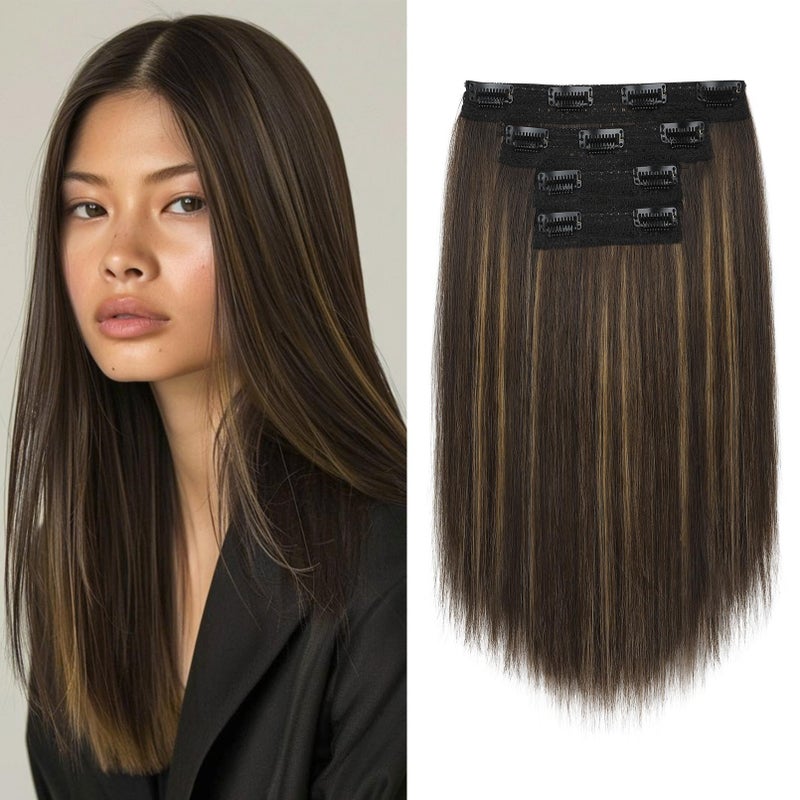 NTYNTY Hair Extensions 14 Short Clip in Hair Extensions 4PCS Straight Natural Soft Synthetic Hairpiece for Women Dark Brown with Highlights