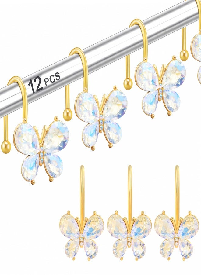 LUMITI Shower Curtain Hooks,12Pcs Rust Resistant Glitter Crystal Butterfly Metal Decorative Shower Rings Hangers for Bathroom Curtains, Clothing, Towels (White) - Image 1