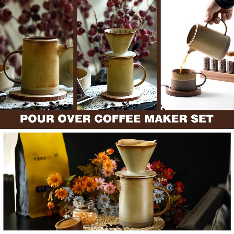 DIF DECO Pour Over Coffee Maker Set Vintage Ceramic Pour Over Coffee Dripper Set with 20 Count Paper Coffee Filters,for Home CafÃ© Restaurant Camping,15.8 Ounces(Yellow) - Image 5