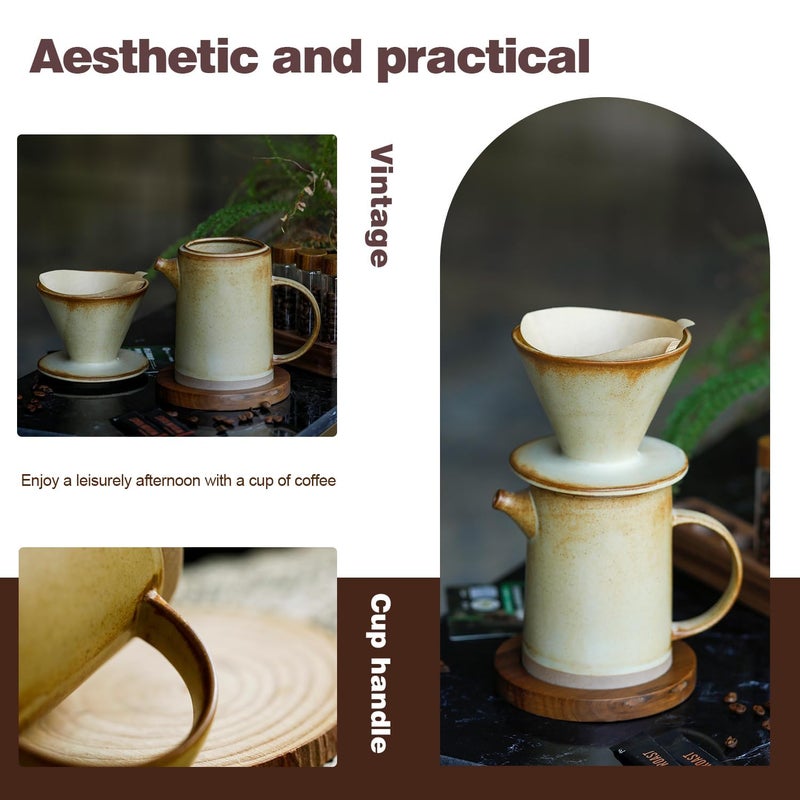 DIF DECO Pour Over Coffee Maker Set Vintage Ceramic Pour Over Coffee Dripper Set with 20 Count Paper Coffee Filters,for Home CafÃ© Restaurant Camping,15.8 Ounces(Yellow) - Image 2