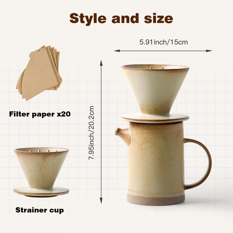 DIF DECO Pour Over Coffee Maker Set Vintage Ceramic Pour Over Coffee Dripper Set with 20 Count Paper Coffee Filters,for Home CafÃ© Restaurant Camping,15.8 Ounces(Yellow) - Image 3
