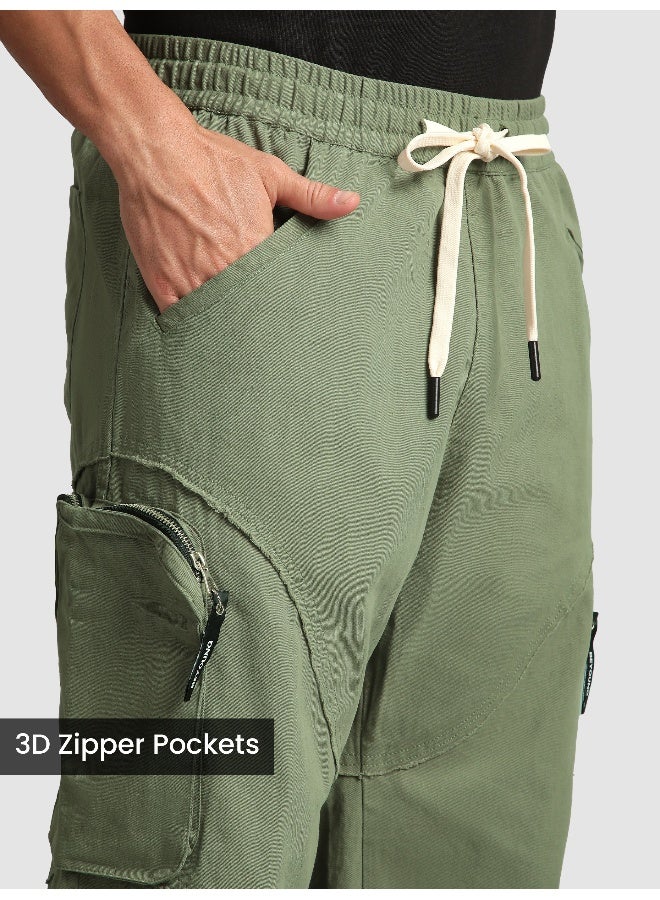 بيونغ بنطلون كارجو بجيوب ثلاثية الأبعاد بحافة خام بلون أخضر مريمي - Image 3