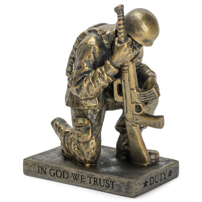 DUTY FAITH GOD PRAYING SOLDIER 5 INCH GOLD RESIN STONE TABLE TOP FIGURINE
