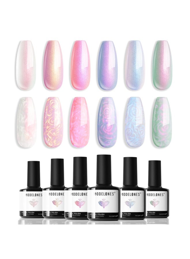modelones مجموعة طلاء الأظافر جل من موديلونز، 6 ألوان لؤلؤي متلألئ أبيض وردي بنفسجي تأثير قوس قزح جل طلاء الأظافر مع تأثير خيوط قواقع مع قلم تنقيط هدية صيفية DIY - Image 1
