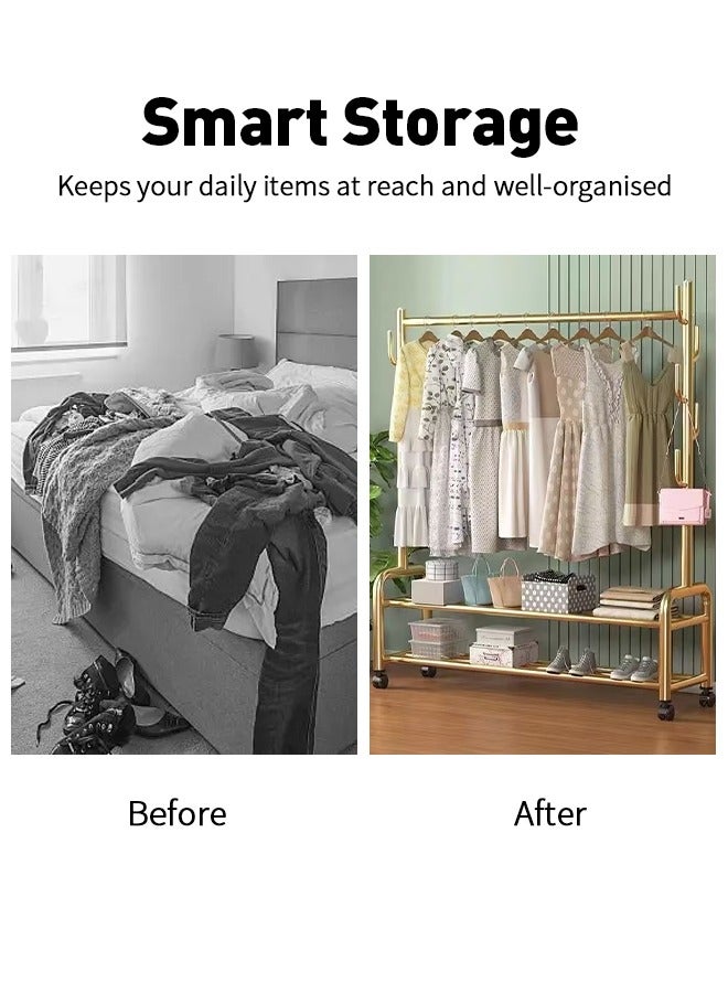 GUDOO Metal Clothes Hanger Organizer and Black Clothes Stand with Wheels 165x120x37cm - Image 2