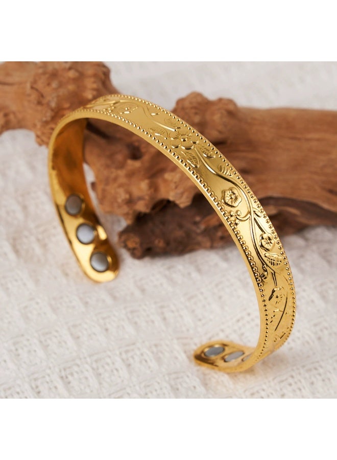 Vintage Gold Plated Magnetic Cuff Bangle, Engraved Flower Pattern Adjustable Open Bangle Bracelet, Health Care Magnetic Therapy Jewelry for Women
