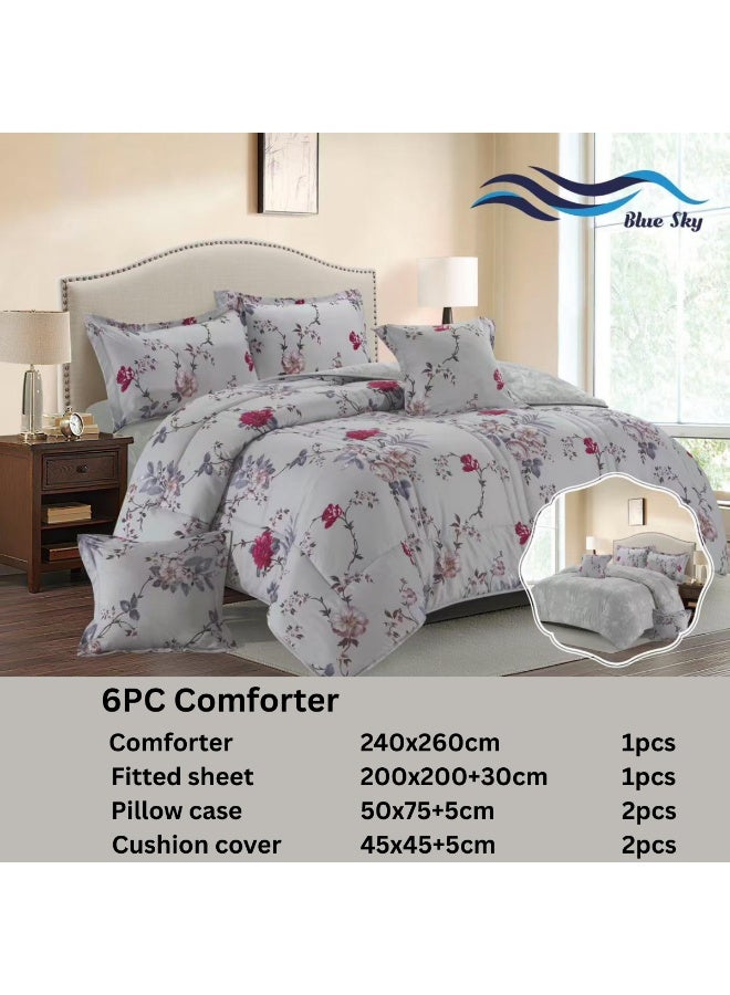 بلو سكاي مفرش سرير نفرين فندقي فاخر – طقم لحاف بحشوة 6 قطع – طقم مفارش يتكون من مفرش  بحشوة وشرشف مطاطي و 2 كيس مخدة و 2 كيس وسادة مربعة – طقم نوم ناعم ومريح - مقاس المفرش 260X240 سم - Image 4