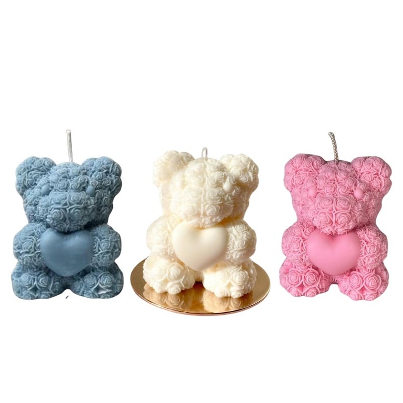AAURAFUL Mini Teddy Scented Candle Set of 3 Aromas Cute Mini Teddy Shape LongLasting Fragrance Gift for Home Decor Relaxation WhitePink Blue55g Each