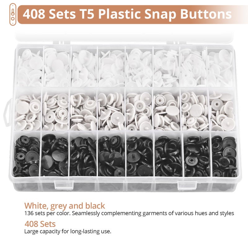 Kamtop Snaps and Snap Pliers Set, 408 Sets T5 Plastic Snap Buttons 3 Color, Snap Fasteners Press Pliers Snaps Starter Setter Tool for Clothes Sewing Bibs Rain Coat DIY Crafting - Image 4