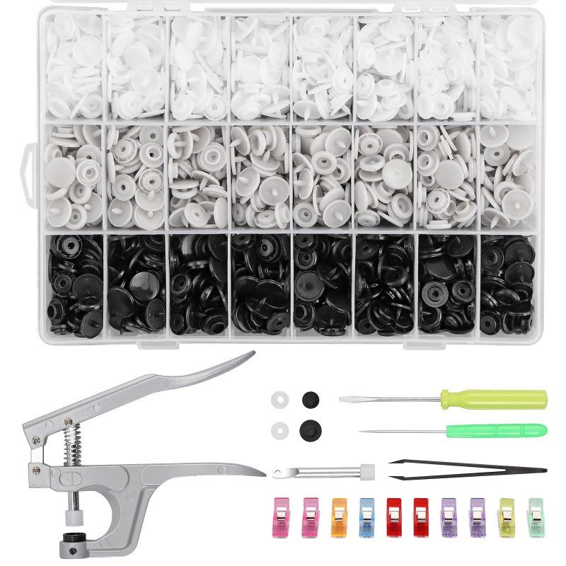 Kamtop Snaps and Snap Pliers Set, 408 Sets T5 Plastic Snap Buttons 3 Color, Snap Fasteners Press Pliers Snaps Starter Setter Tool for Clothes Sewing Bibs Rain Coat DIY Crafting - Image 1