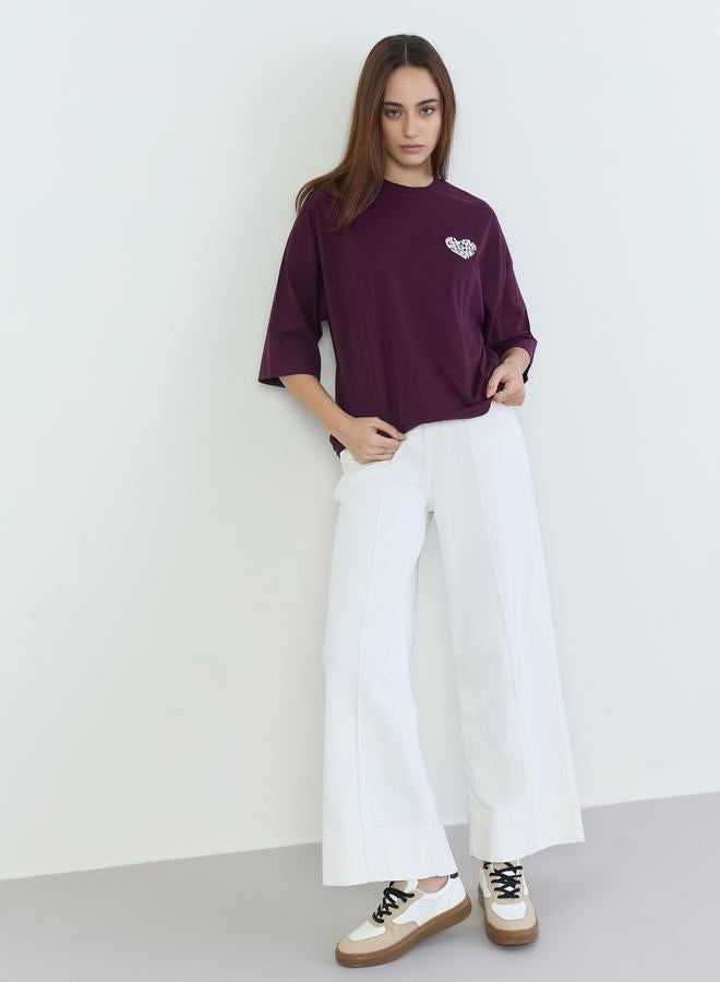 Styli Burgundy Oversized Embroidered Slogan T-Shirt - Image 2