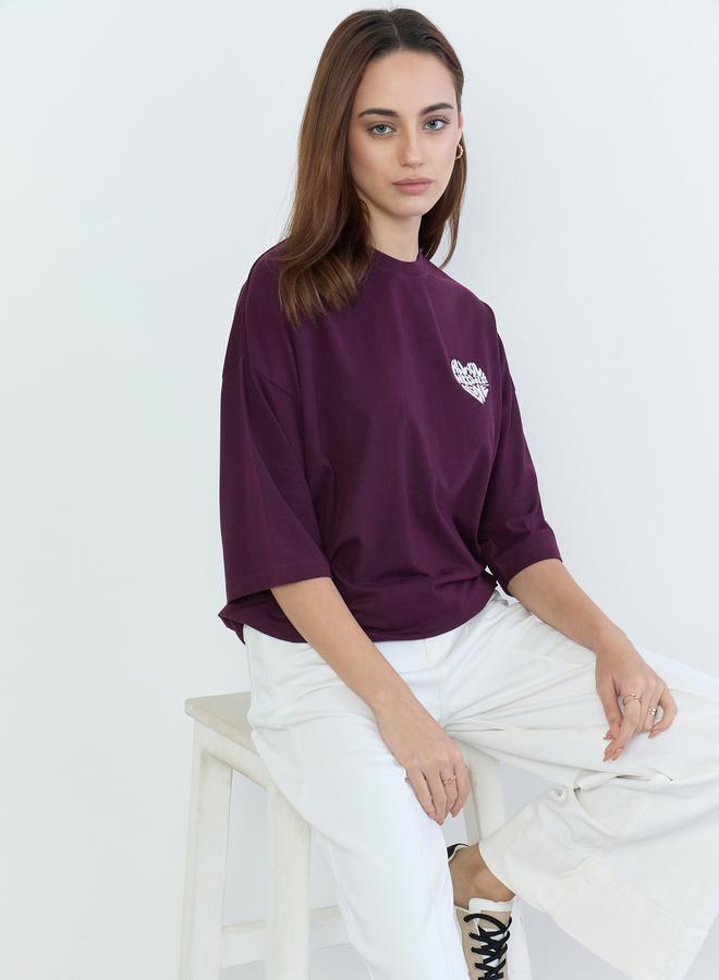 Styli Burgundy Oversized Embroidered Slogan T-Shirt - Image 1
