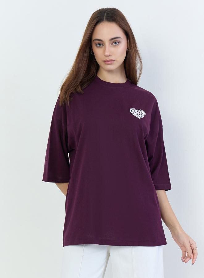 Styli Burgundy Oversized Embroidered Slogan T-Shirt - Image 3