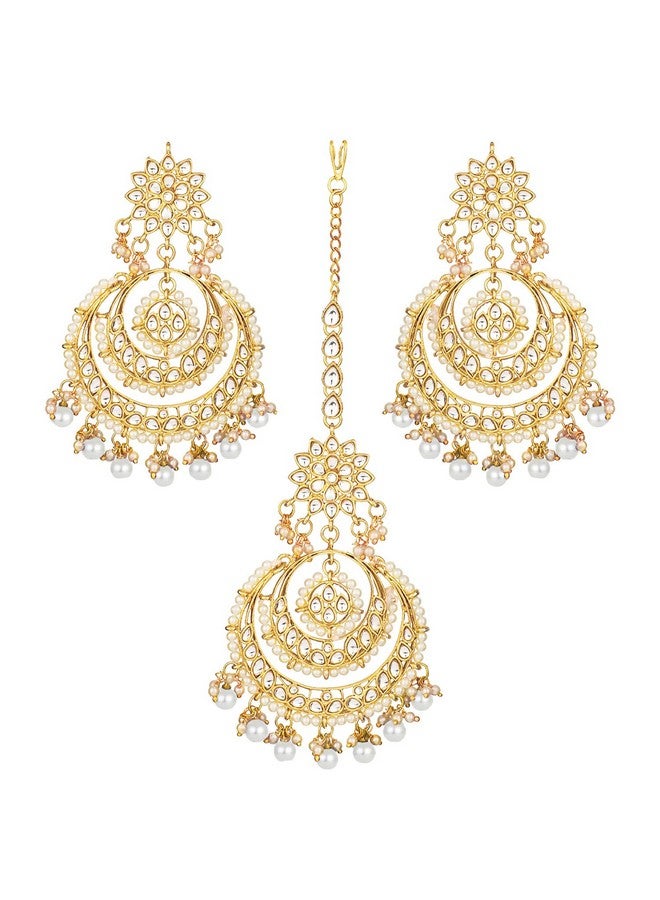 Peora Traditional Jewellery 18K Gold Plated Kundan Pearl Studded Maang Tikka & Earring Set for Women (White) - Image 5