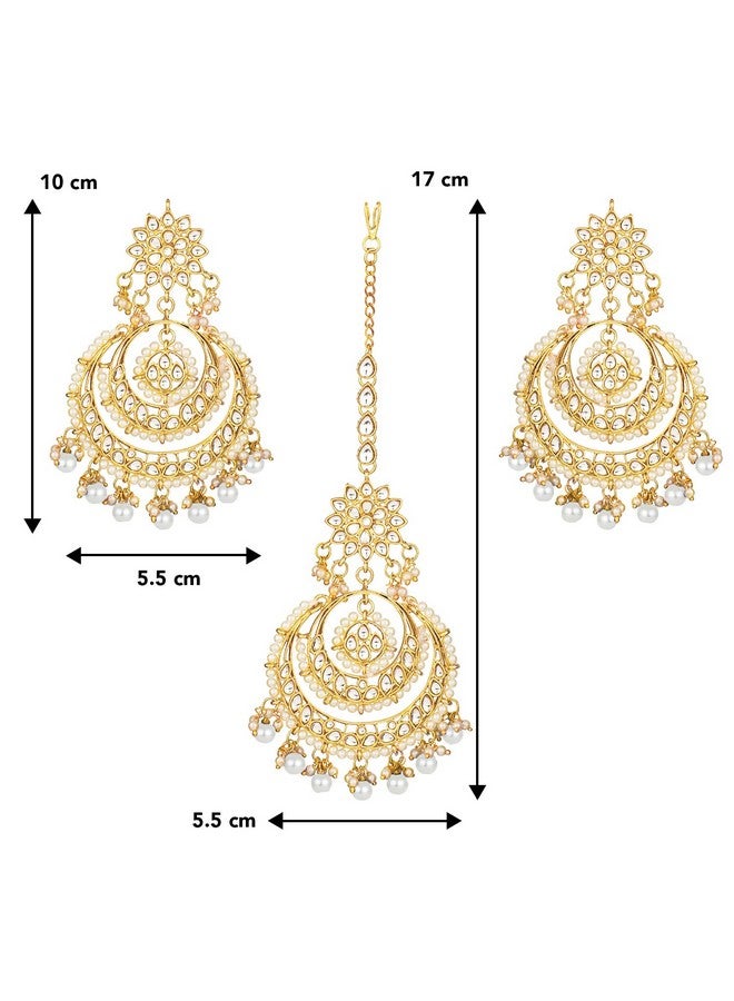 Peora Traditional Jewellery 18K Gold Plated Kundan Pearl Studded Maang Tikka & Earring Set for Women (White) - Image 4