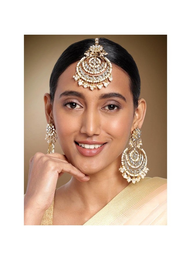 Peora Traditional Jewellery 18K Gold Plated Kundan Pearl Studded Maang Tikka & Earring Set for Women (White) - Image 3