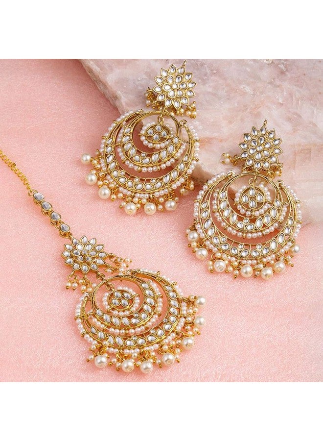 Peora Traditional Jewellery 18K Gold Plated Kundan Pearl Studded Maang Tikka & Earring Set for Women (White) - Image 2