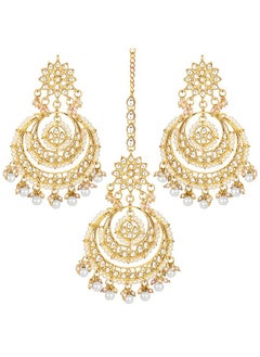 PEORA Peora Traditional Jewellery 18K Gold Plated Kundan Pearl Studded Maang Tikka & Earring Set for Women (White)  - Image 1