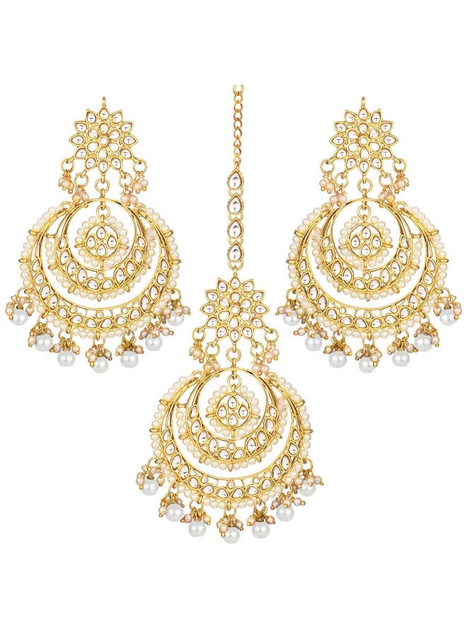 Peora Traditional Jewellery 18K Gold Plated Kundan Pearl Studded Maang Tikka & Earring Set for Women (White) - Image 1