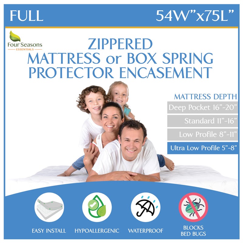Four Seasons Essentials Full Size Mattress or Box Spring Encasement 5 to 8 Depth  Low Profile Waterproof Zippered Protector Hypoallergenic Premium Bed Cover Protects from Dust Allergens 