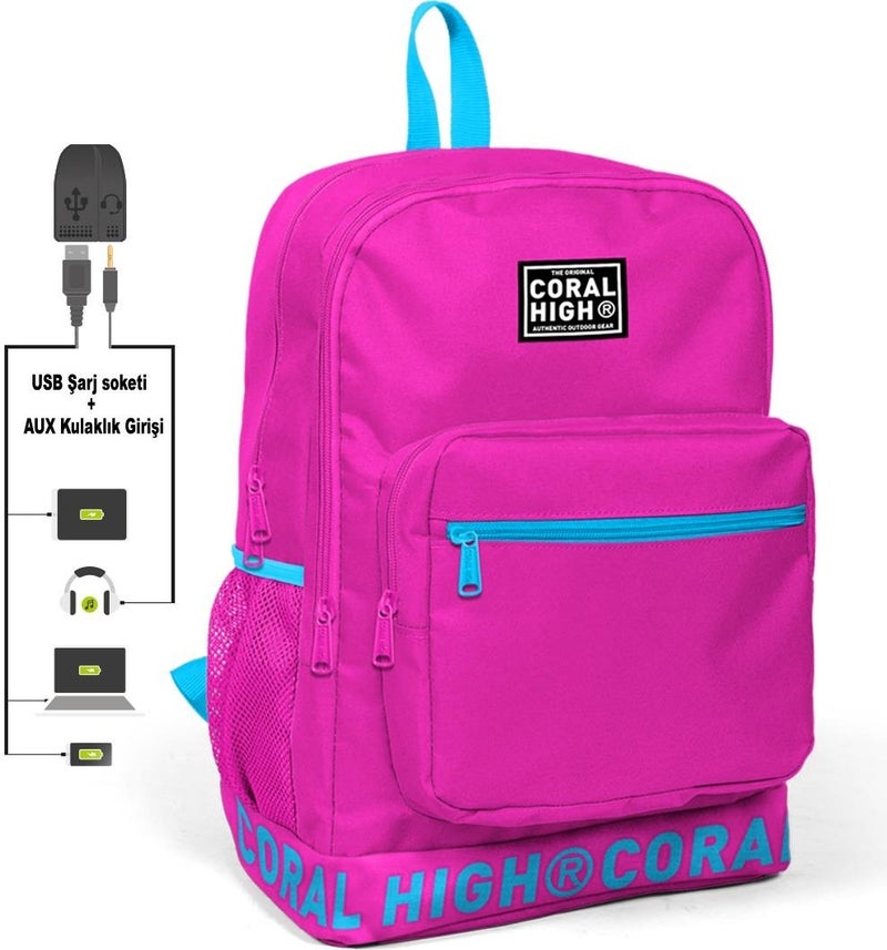 CORAL HIGH Pink Backpack with Embroidery Logo and USB Charging Headphone Output 24108 