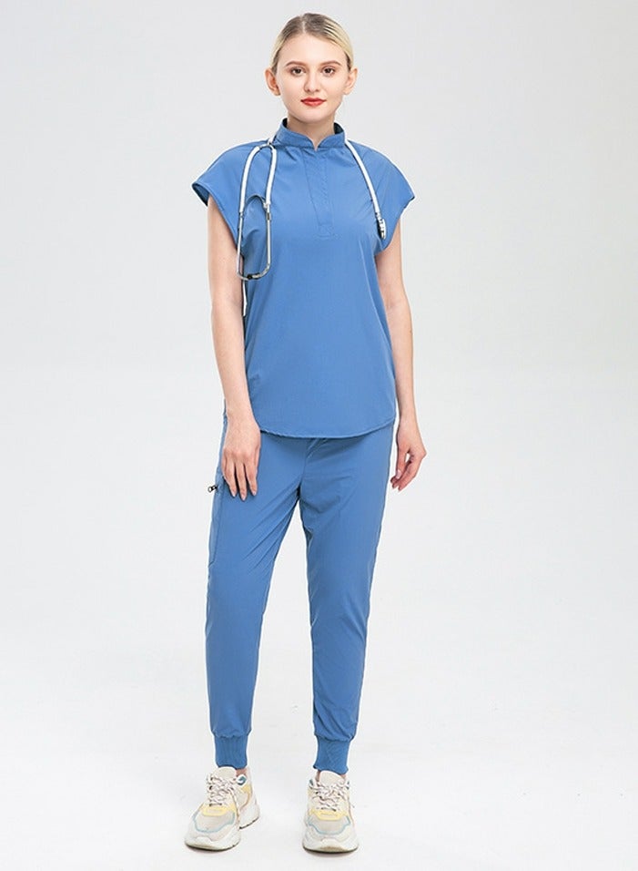 Loquat Womens Fashion Medical Uniform Scrubs 2 Piece Set Stand Collar Top and Elastic Waist Jogger Pants Suit Blue  - Image 1